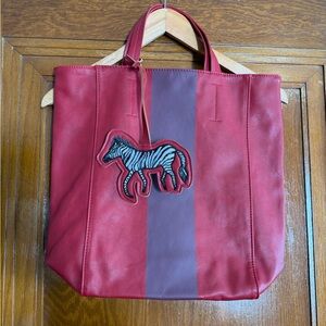 Saks Fifth Avenue Red and Burgundy Tote with Zebra Detail